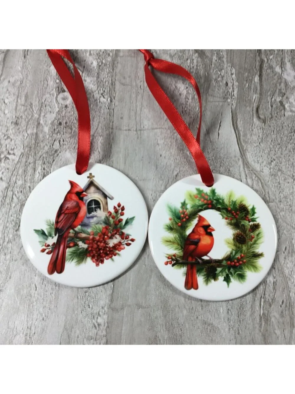 Set Of 2 Cardinal Christmas Ceramic Ornaments With Red Ribbon For Hanging
